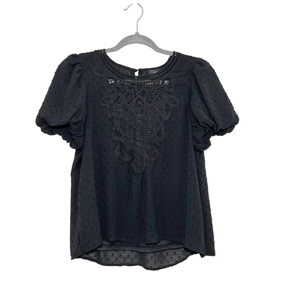 Oak & Trellis Tops - Oak & Trellis Black Swiss Dot Crochet Lace Bib Puff Sleeve Blouse Top Large